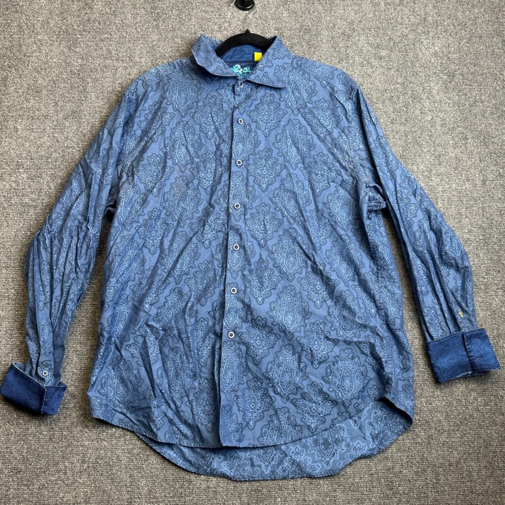 Robert Graham Button Down Shirt Mens XL Blue Paisley Jacquard Flip Cuff Classic